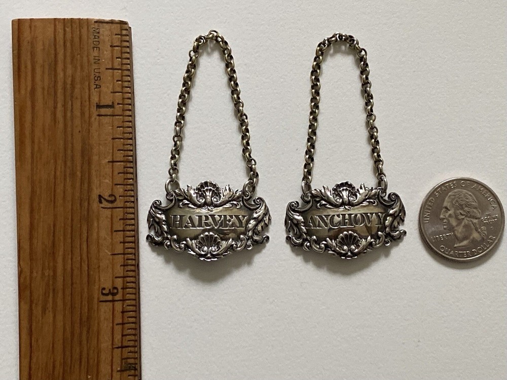 Antique SILVER BOTTLE LABLES - Pair, Harvey & Anchovy, Solid Silver (5I12)