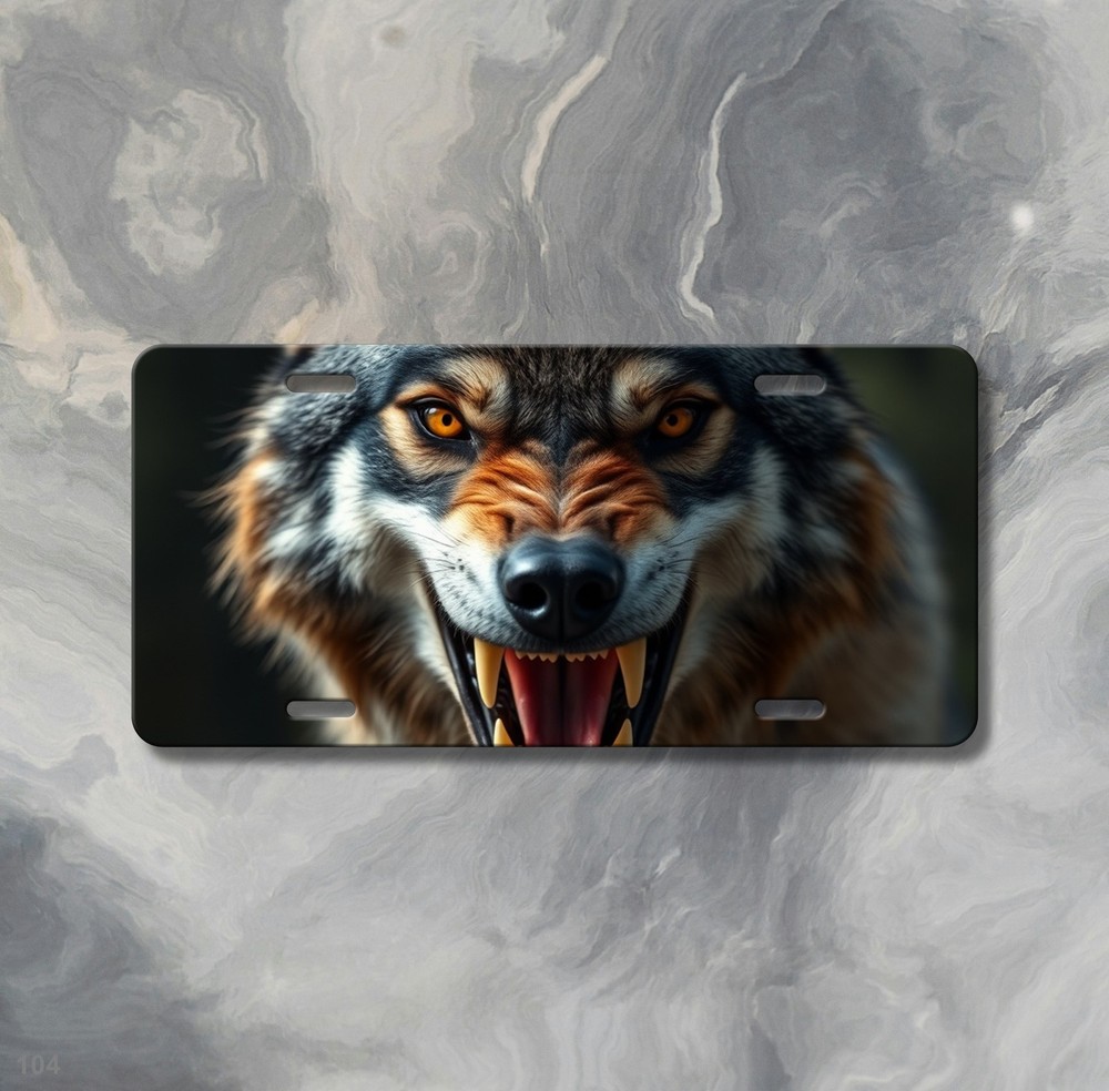 Aggressive Wolf License Plate with Fangs Customizable Auto Tag Unique Gift