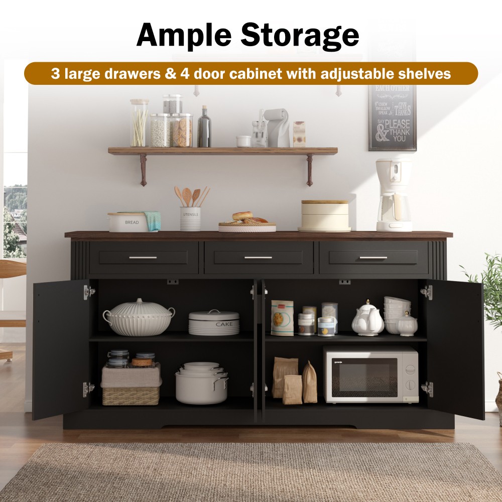 Modern Fluted Sideboard Buffet w/4 Doors & 3 Drawers for Kitchen Dining