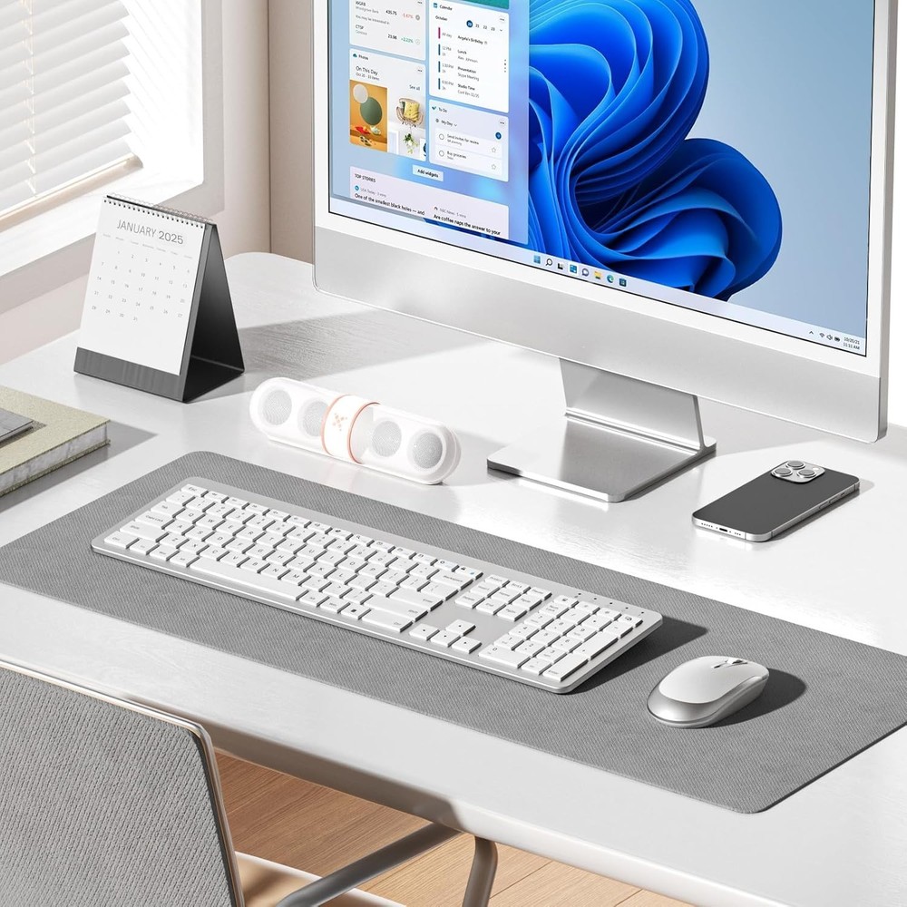 Rechargeable Full-Size Wireless Keyboard and Mouse - Modern Silver & White Combo