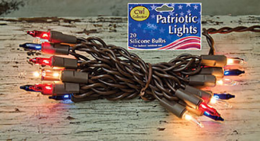 20 Count Light Set String - Patriotic - Red White Blue Mini Bulbs - Brown Cord