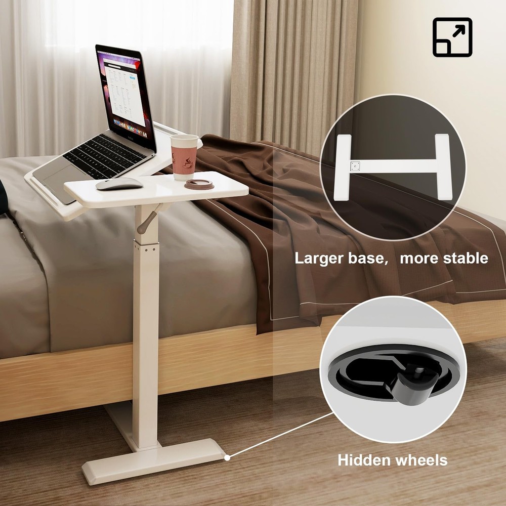 PUNCIA Height Adjustable Overbed Table with Pneumatic Lift Rectangular, White