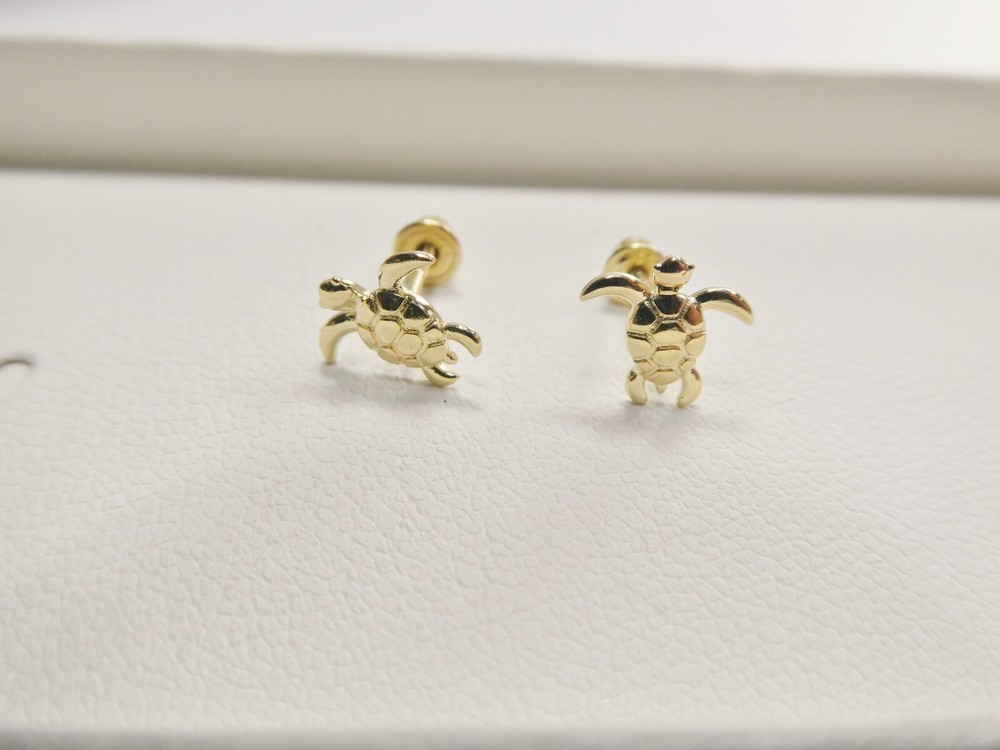 10K REAL SOLID YELLOW GOLD TURTLE SCREW BACK POST EARRINGS