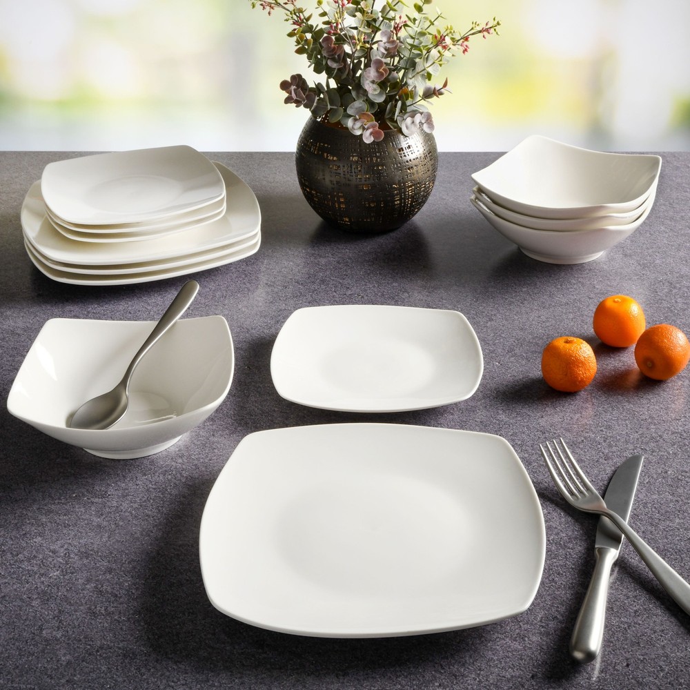 Everyday Square White Stoneware Dinnerware Set 12-Piece