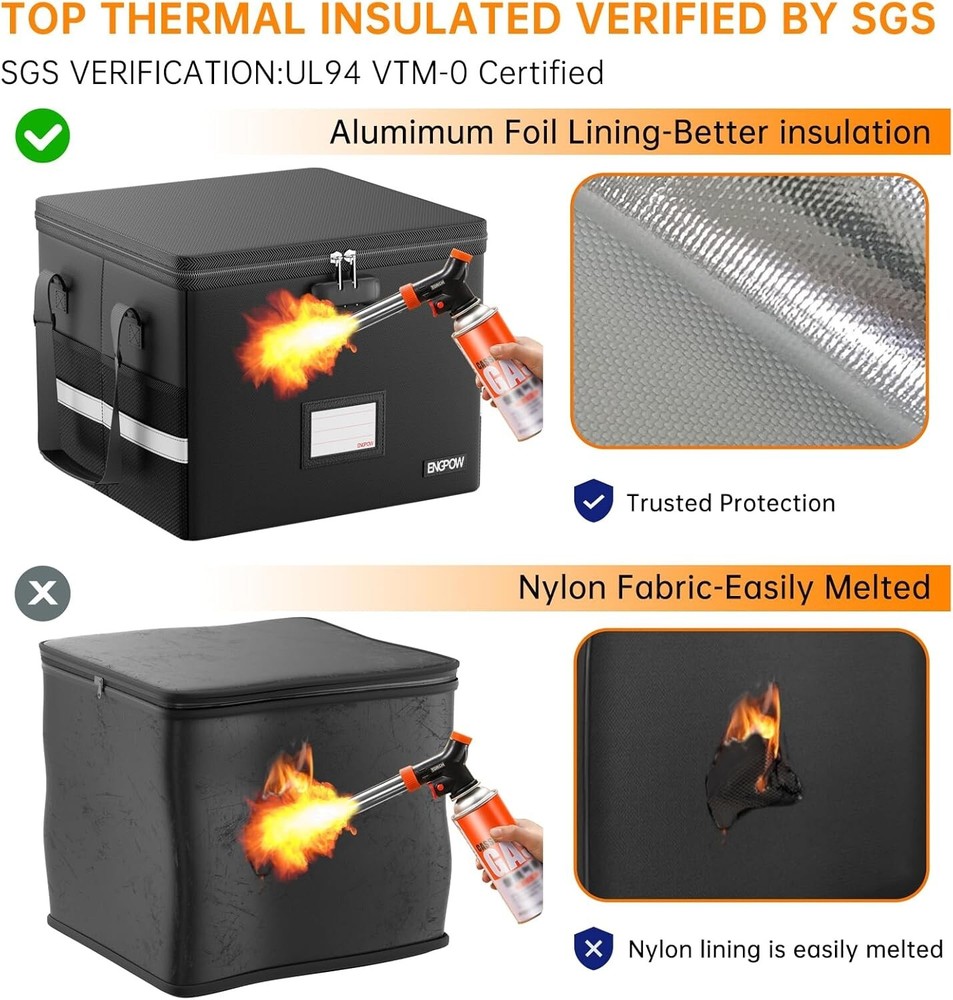Lockable Fireproof File Box with Mesh Pockets - Protect Documents & Valuables