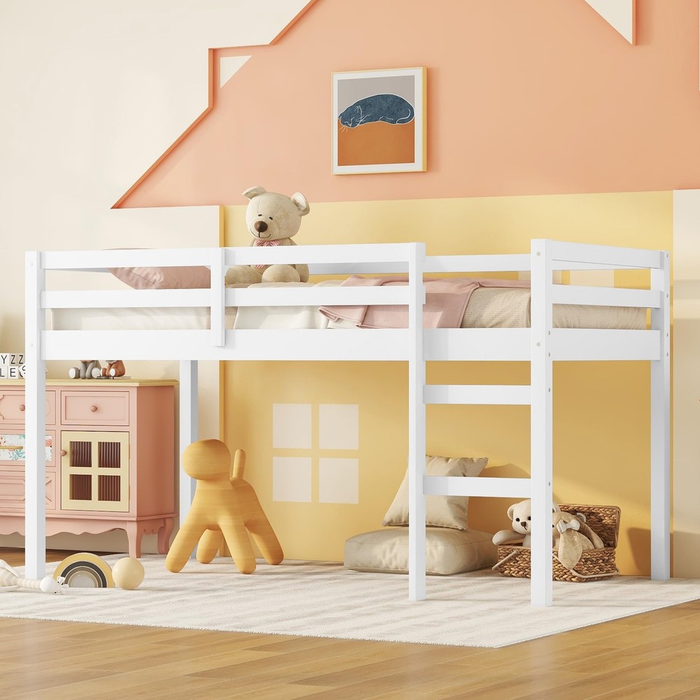 ANDORON Low Loft Bed Twin Size, Kids Solid Wood without desk, White