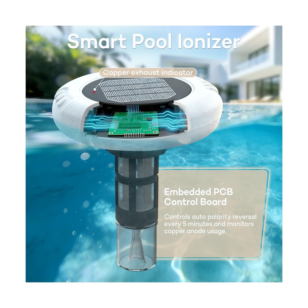 Solar Pool Ionizer- Self Cleaning Copper Anodes, Smart Control & Automatic Fl...