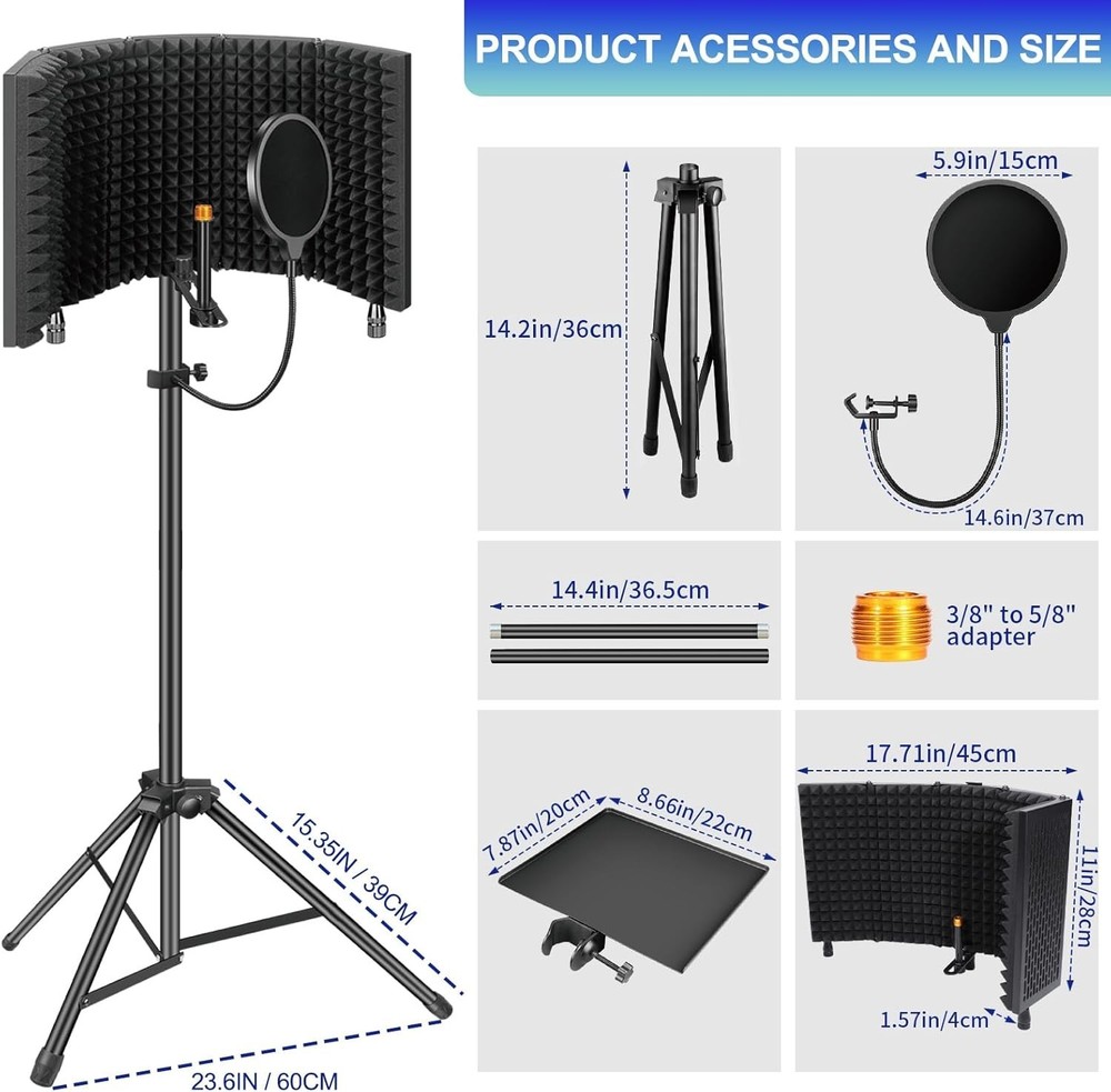 Microphone with Pop Filter & Tripod Stand, Foldable Mic Shield with Triple So...