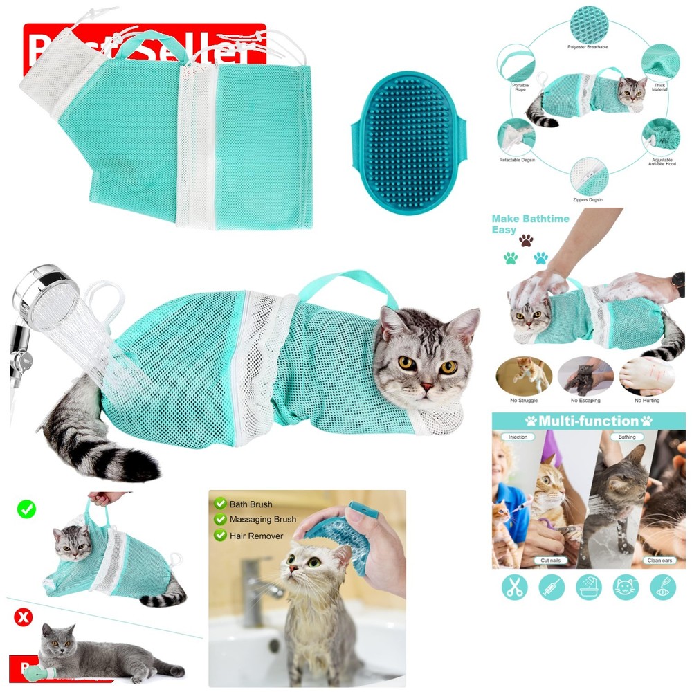 Adjustable Cat Bathing Bag Set with Grooming Tools - Secure & Comfortable Wash