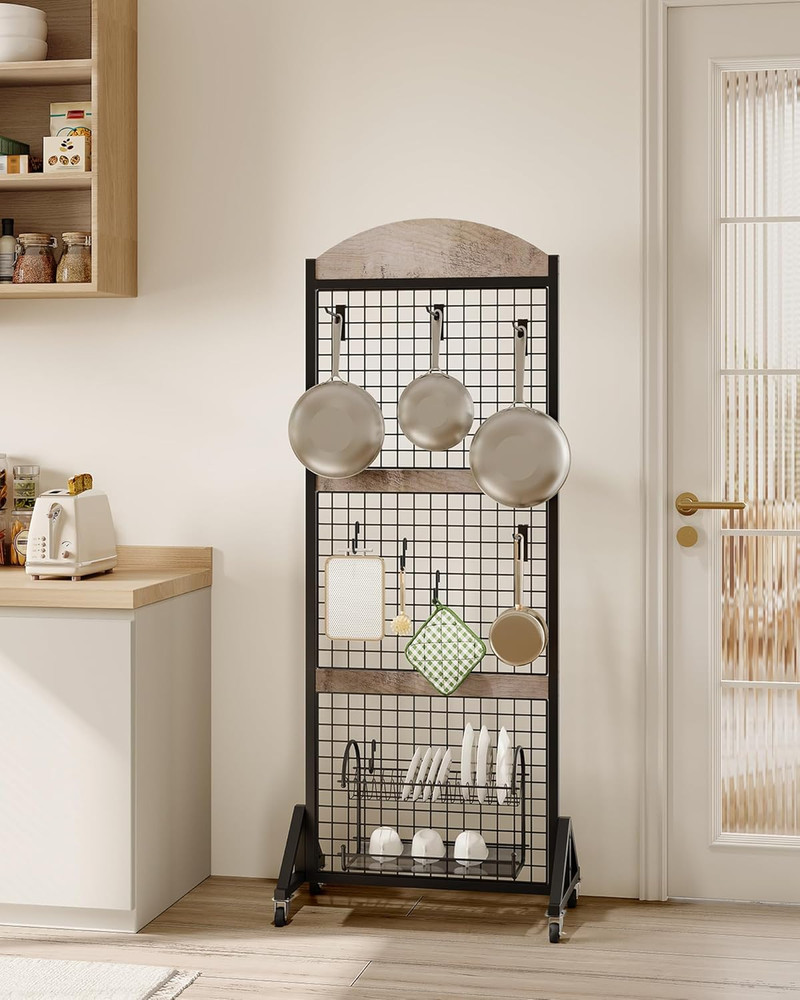 Movable Grid Wall Panel Display Rack with Wheels & Hooks - Greige/Black