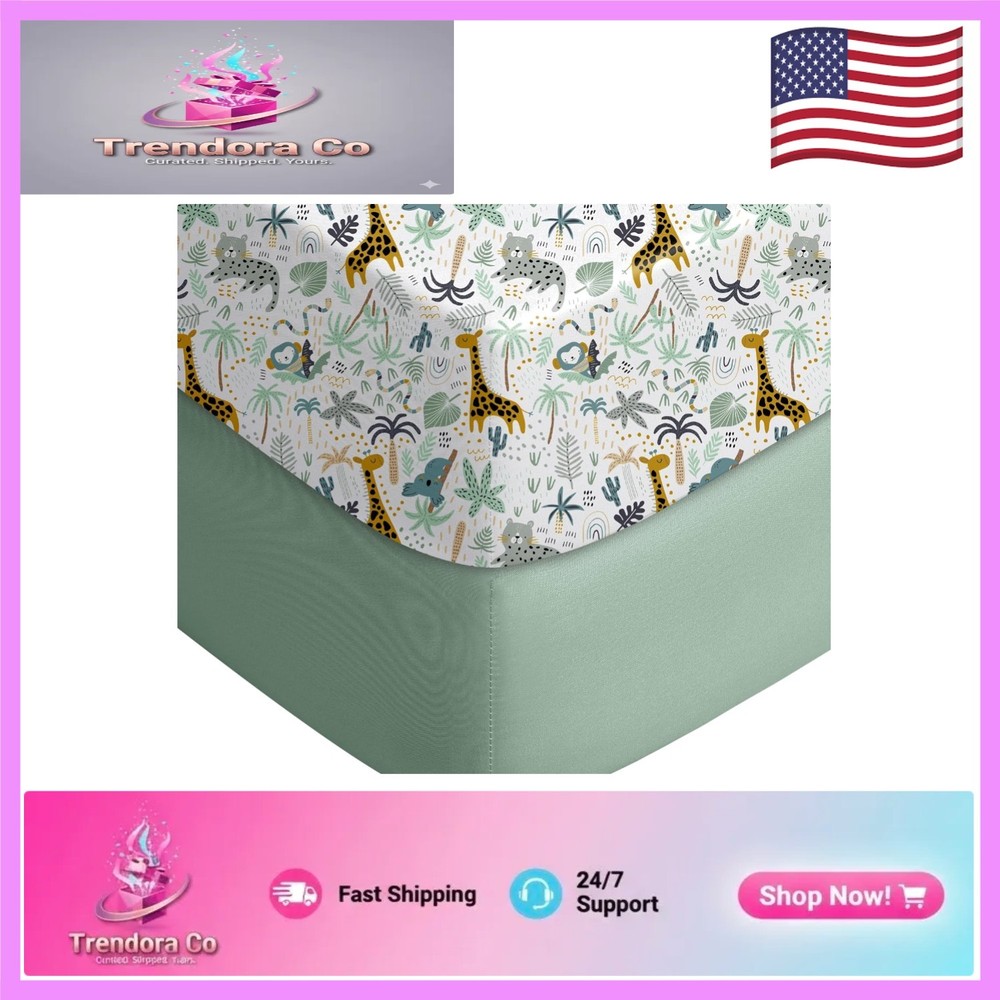 Machine Washable Fitted Crib Sheets 2-Pack: Soft Green Giraffe Sheets for Baby
