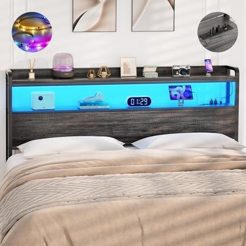 Headboard for Size Bed Frame, Headboards with Outlets, USB Full Black Oak