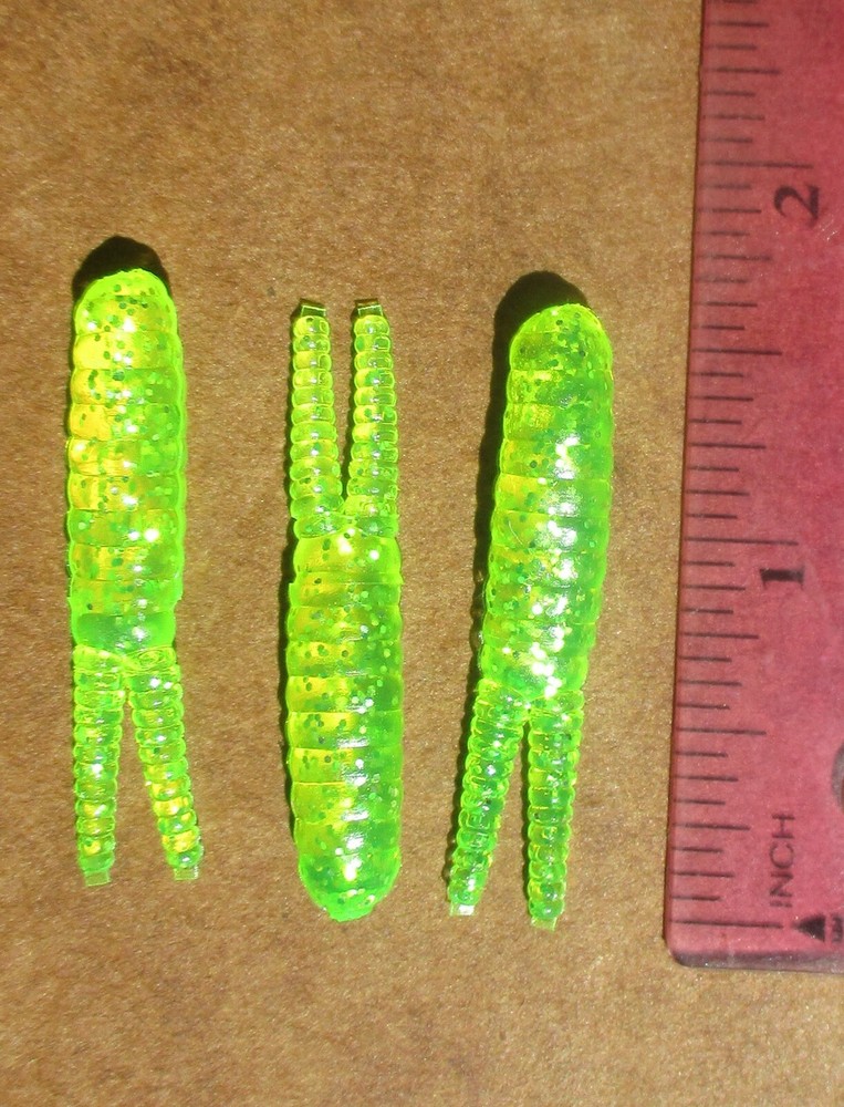 25ct CHARTREUSE SILVER FLAKE 1.5" SPLIT TAIL BEETLES Crappie Baits Panfish Lures