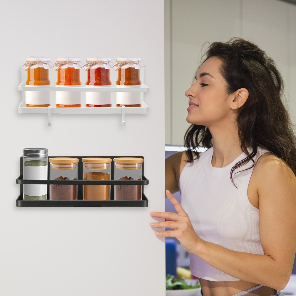 1 Pack Magnetic Spice Rack for Refrigerator with 2 Removable Hooks, Black