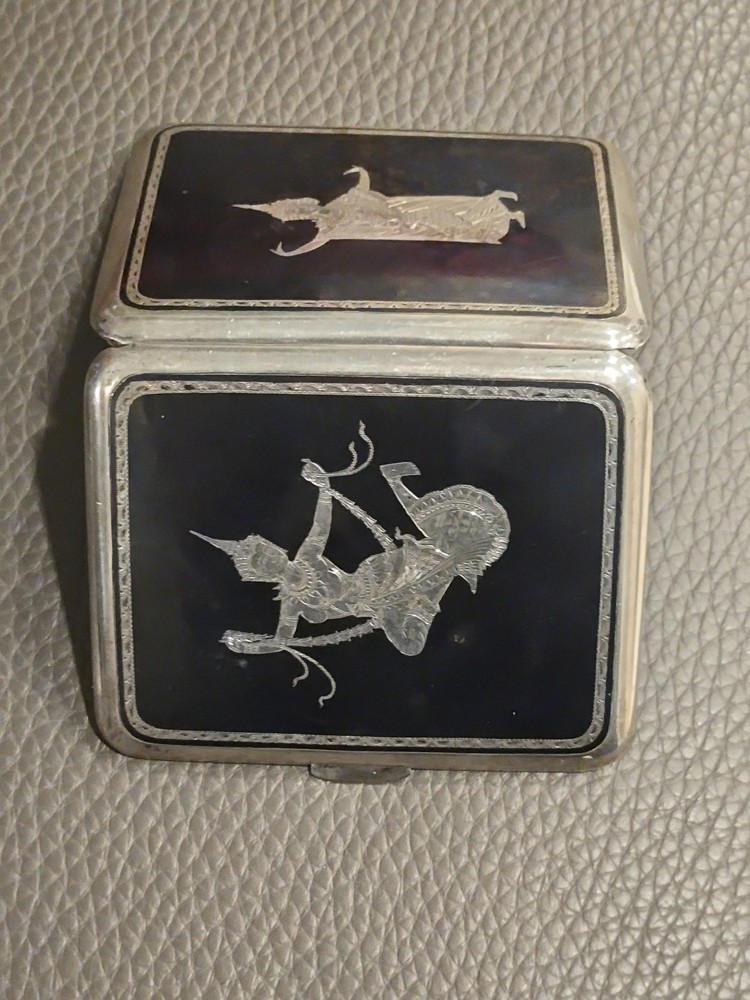 VTG Siam Thailand Solid Sterling Silver & Niello Dancer Etch Cigarette Case Box