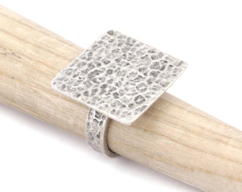 Square Hammered Adjustable Ring Blank Bezel Antique Silver Plated Brass 4934