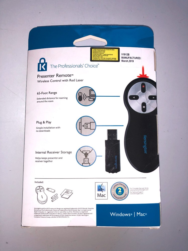 Kensington Wireless Control Presenter Laser Pointer Remote V1912B USB BD-20