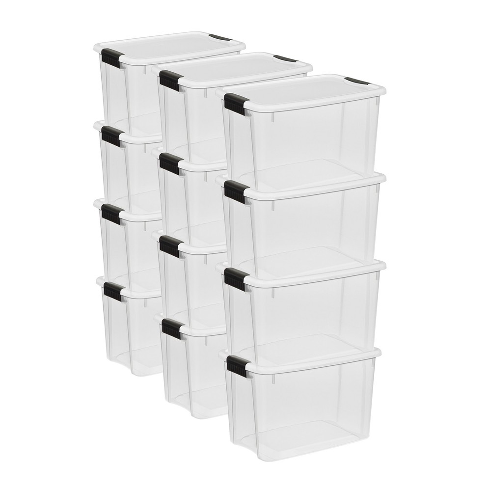Sterilite 30 Qt Clear Plastic Stackable Storage Bin w/White Latch Lid, (12 Pack)