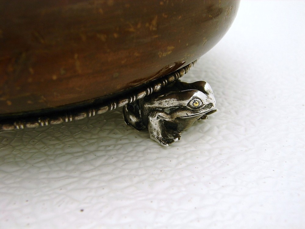Carved Wood Box with German Solid Silver Top & Base w Fig Frog & Amber Finial