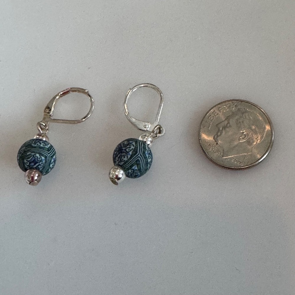 Polymer Clay Bead Dangle Pierced Earrings Blue Green Silver Tone