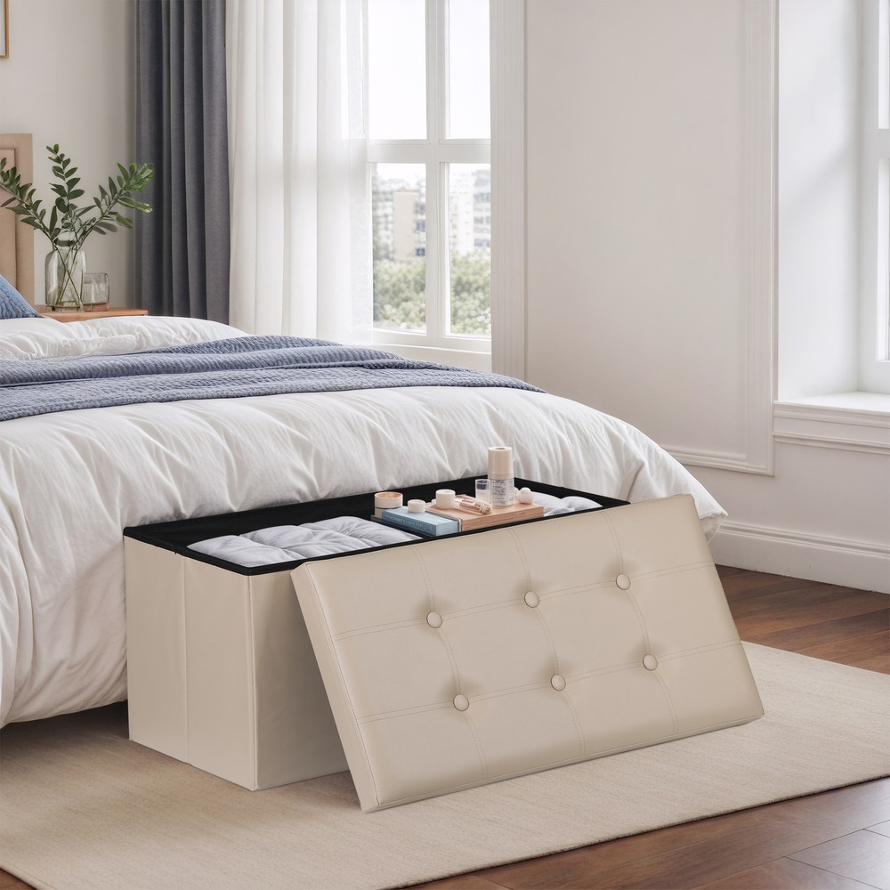 Folding Storage Ottoman 350 lb Load Capacity Storage Bench Footrest Beige
