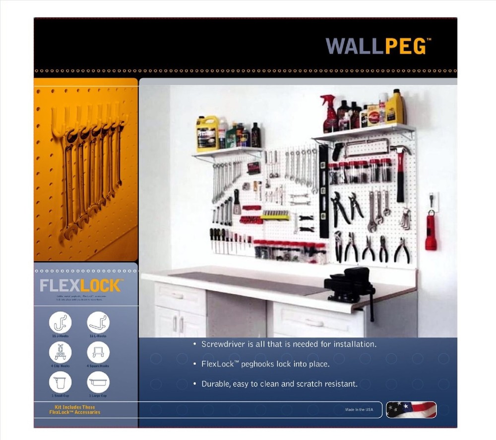 Pegboard Garage Tool & Storage Kit With Locking Peg Hooks - 72" Wide Tuff Poly !