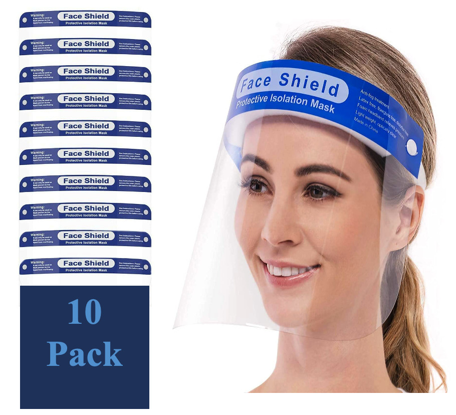10 Pack Protective Isolation Mask, Visor Protection Full Face Elastic Headband.