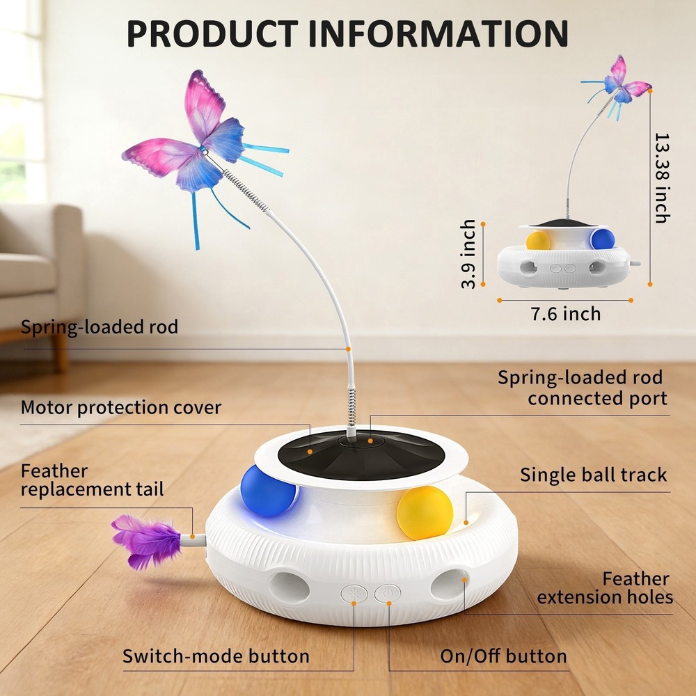 USB Cat Toy, 3-in-1 Automatic Interactive Electronic Moving Ambush Feather Toy
