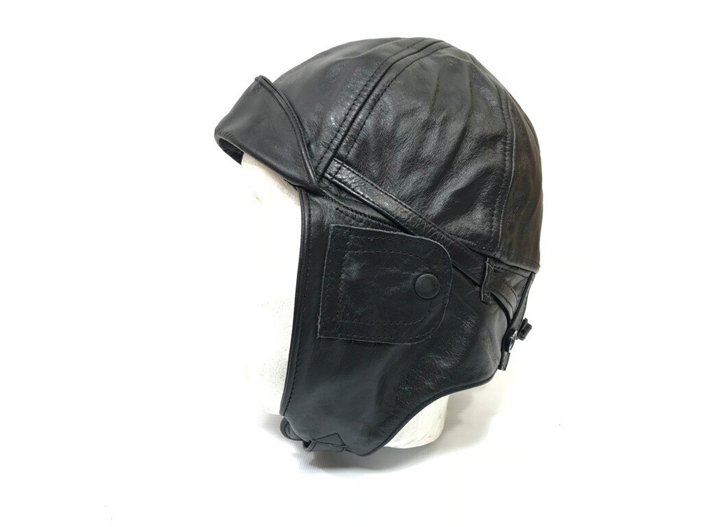 Leather Aviator Cap Black, Repro German WW2 Size MEDIUM