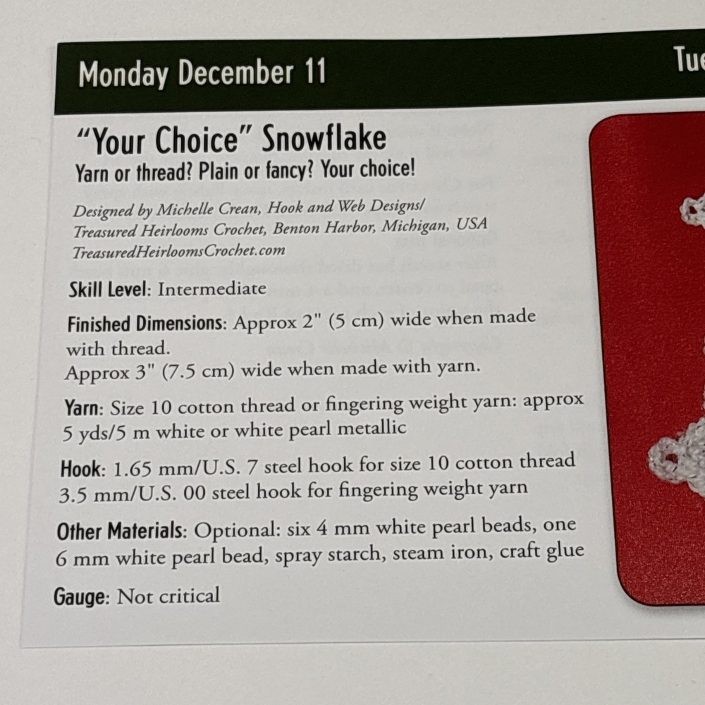Snowflake Crochet Pattern Card Page