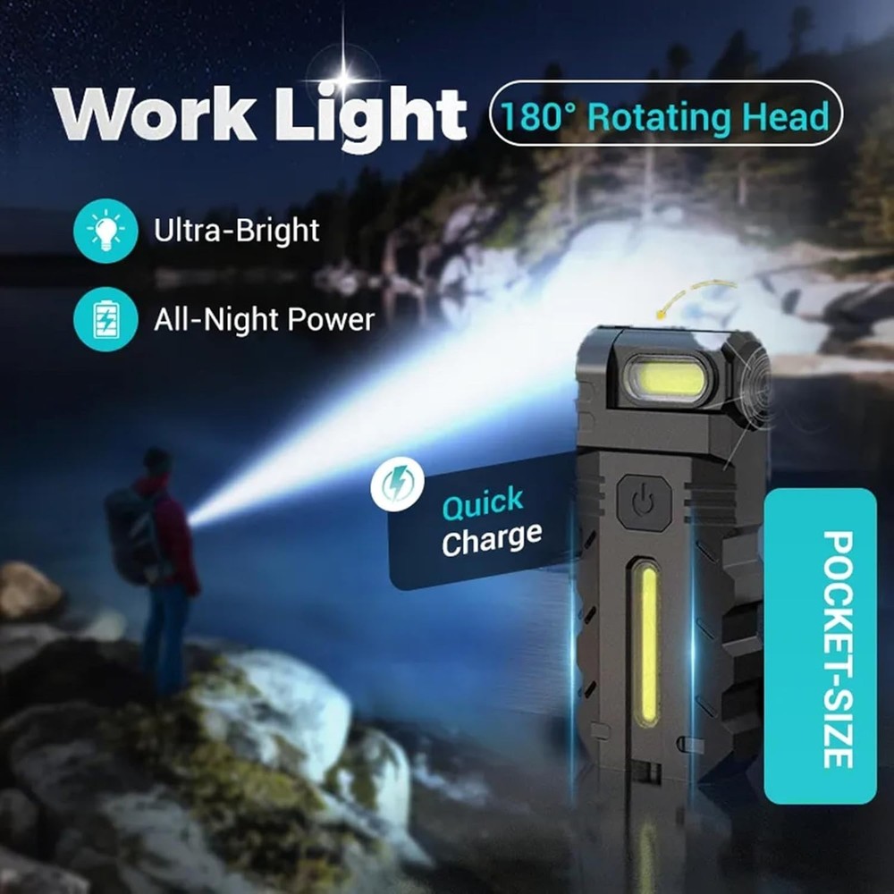 USB-C Rechargeable LED Work Light 180° Rotating Head Magnetic EDC Flashlight