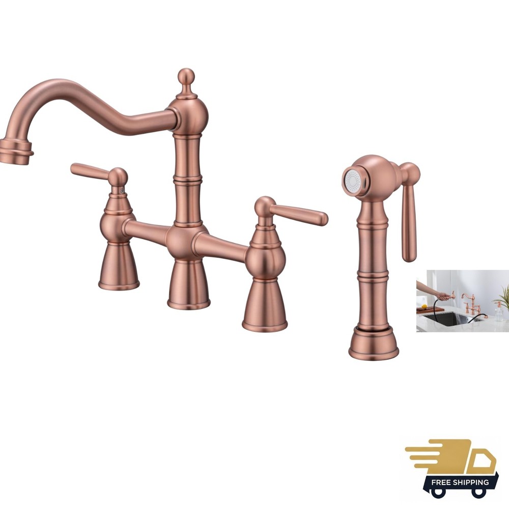 Solid Brass Copper Bridge Kitchen Faucet with Pull Down Sprayer,2 Handles 4 H...