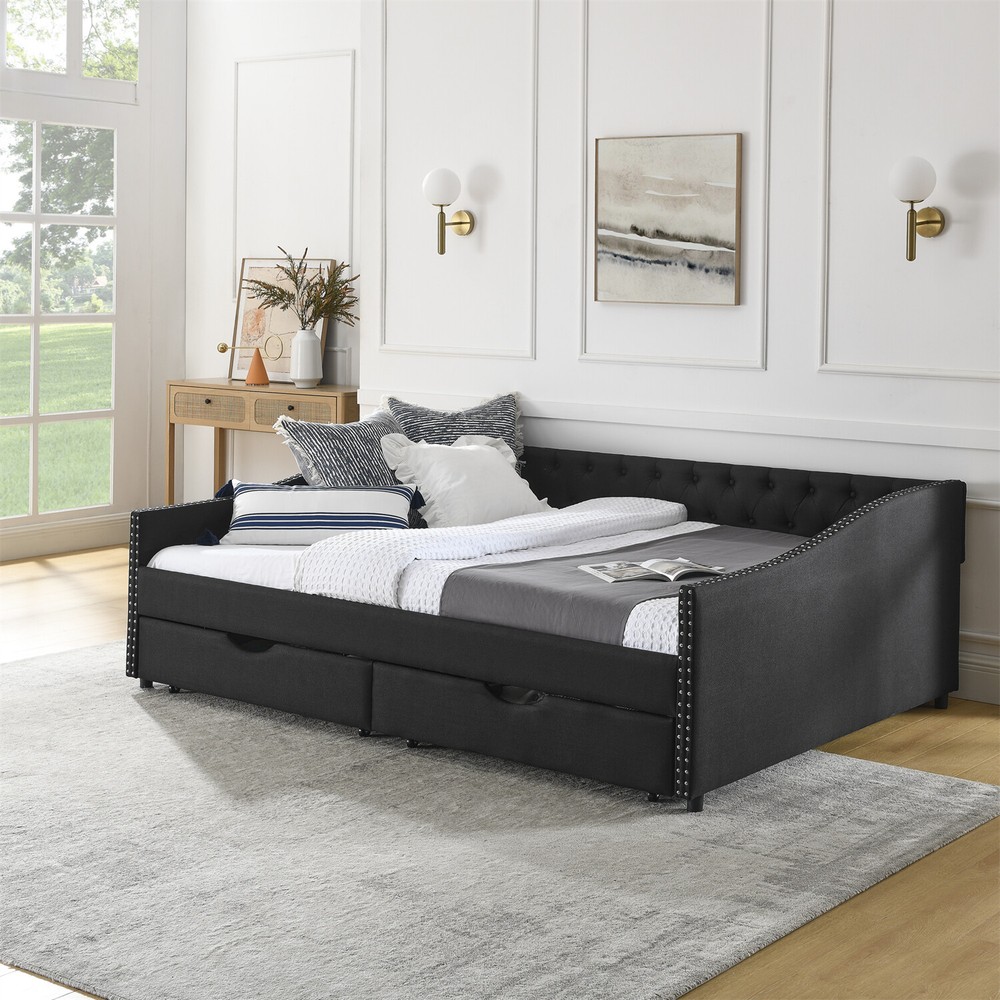 Queen Size Daybed w/ 2 Storage Drawers Upholstered Bed Frame Sofa Bed US