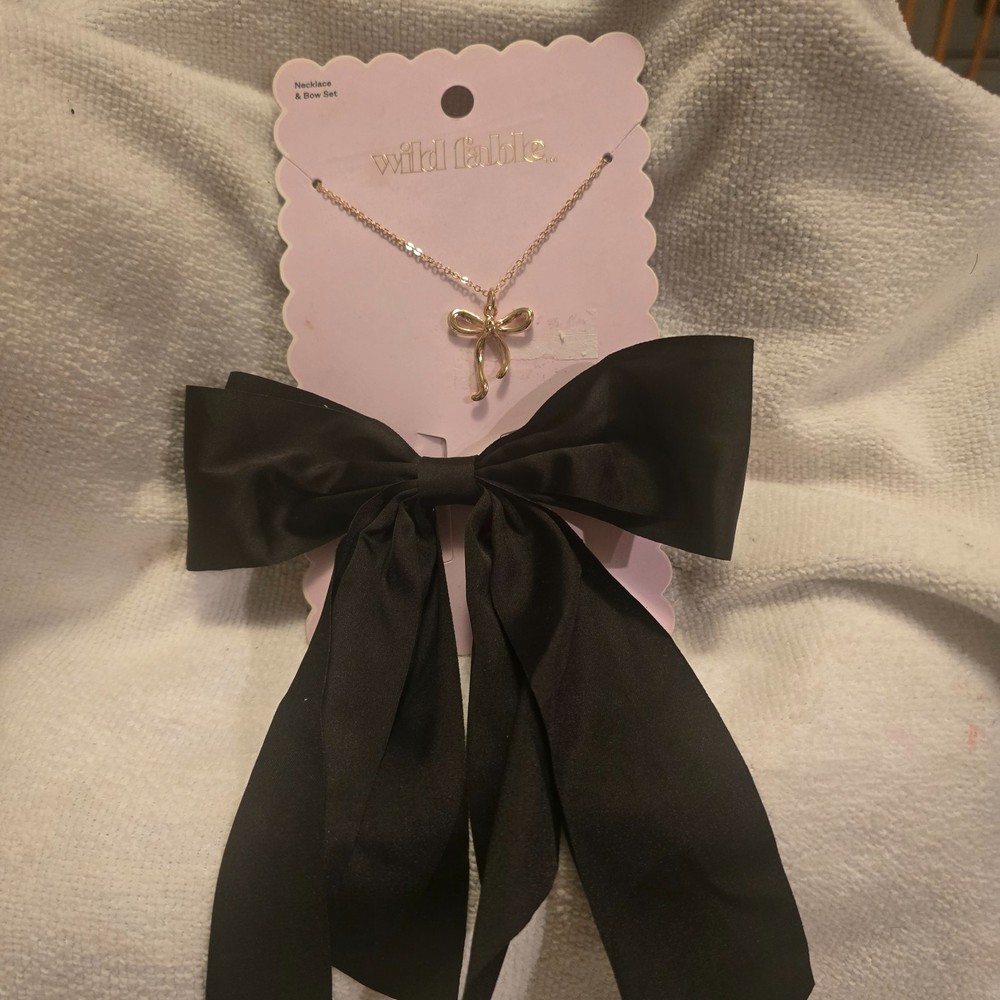 Black Satin Bow Clip with Necklace