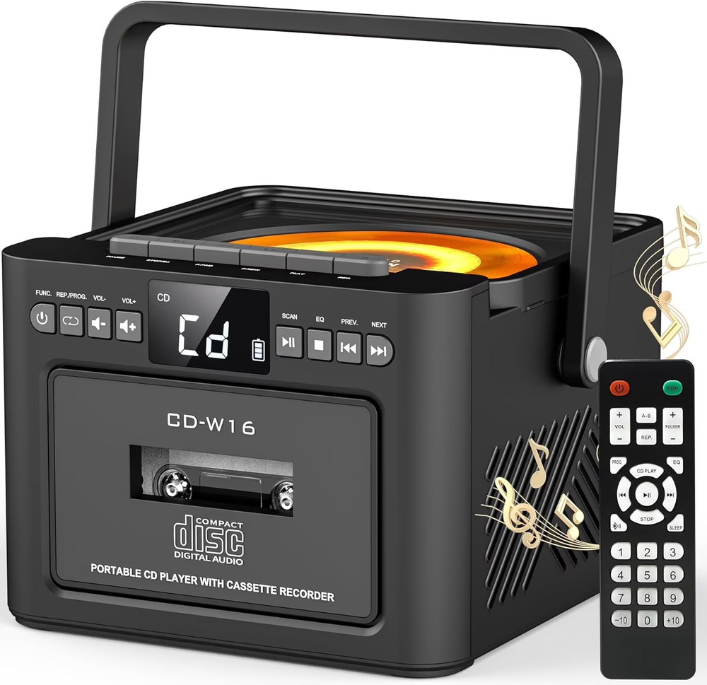 Bluetooth CD Cassette Boombox Player, Portable Rechargeable CD Player with Type-