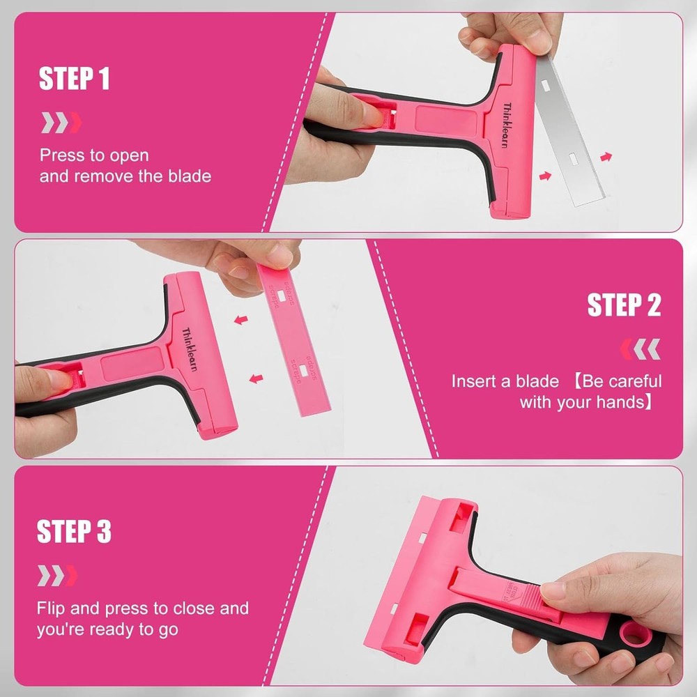 THINKLEARN Razor Blade Scraper Tool, 2Pcs Pink Razor Scraper with 40Pcs Replacem