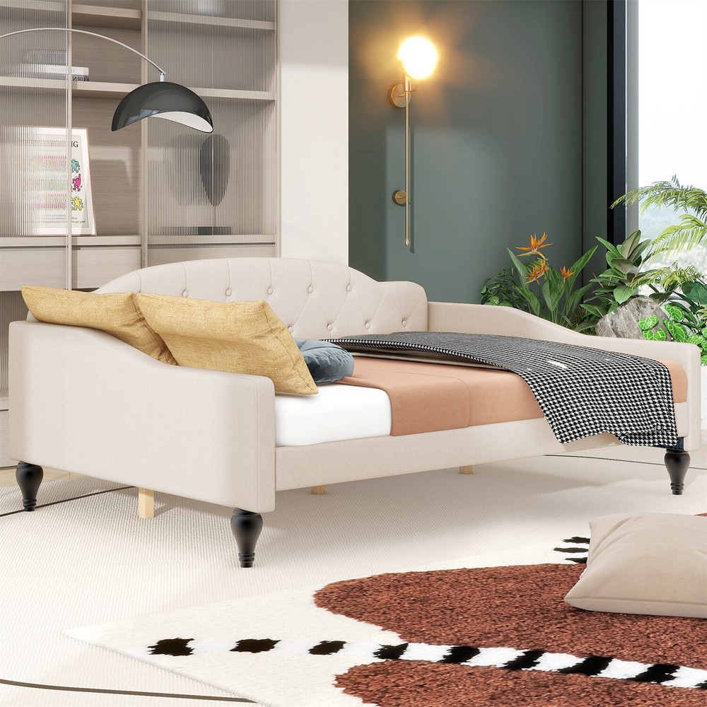 Full Size Daybed Linen Upholstered Bed Frame Sofa Bed for Bedroom Beige US