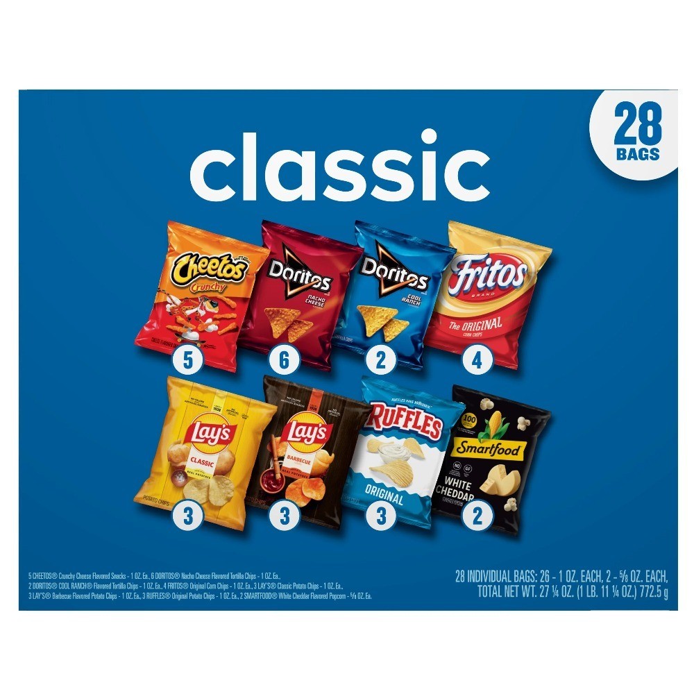 Assorted Classic Snack Chips Variety Pack Multipack 28 Count Bulk Box