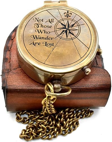 “Not All Those Who Wander are Lost” Engraved Solid Brass Compass with Leather