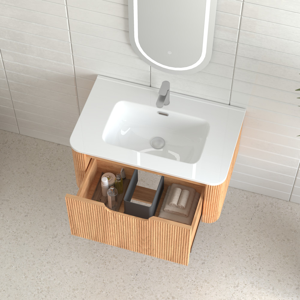 30" Wall-Mounted Floating Solid Wood Bathroom Vanity Pre-Assembled Curved Edge