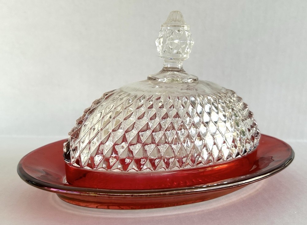 Indiana Glass Diamond Point Ruby Flash Butter Dish With Lid