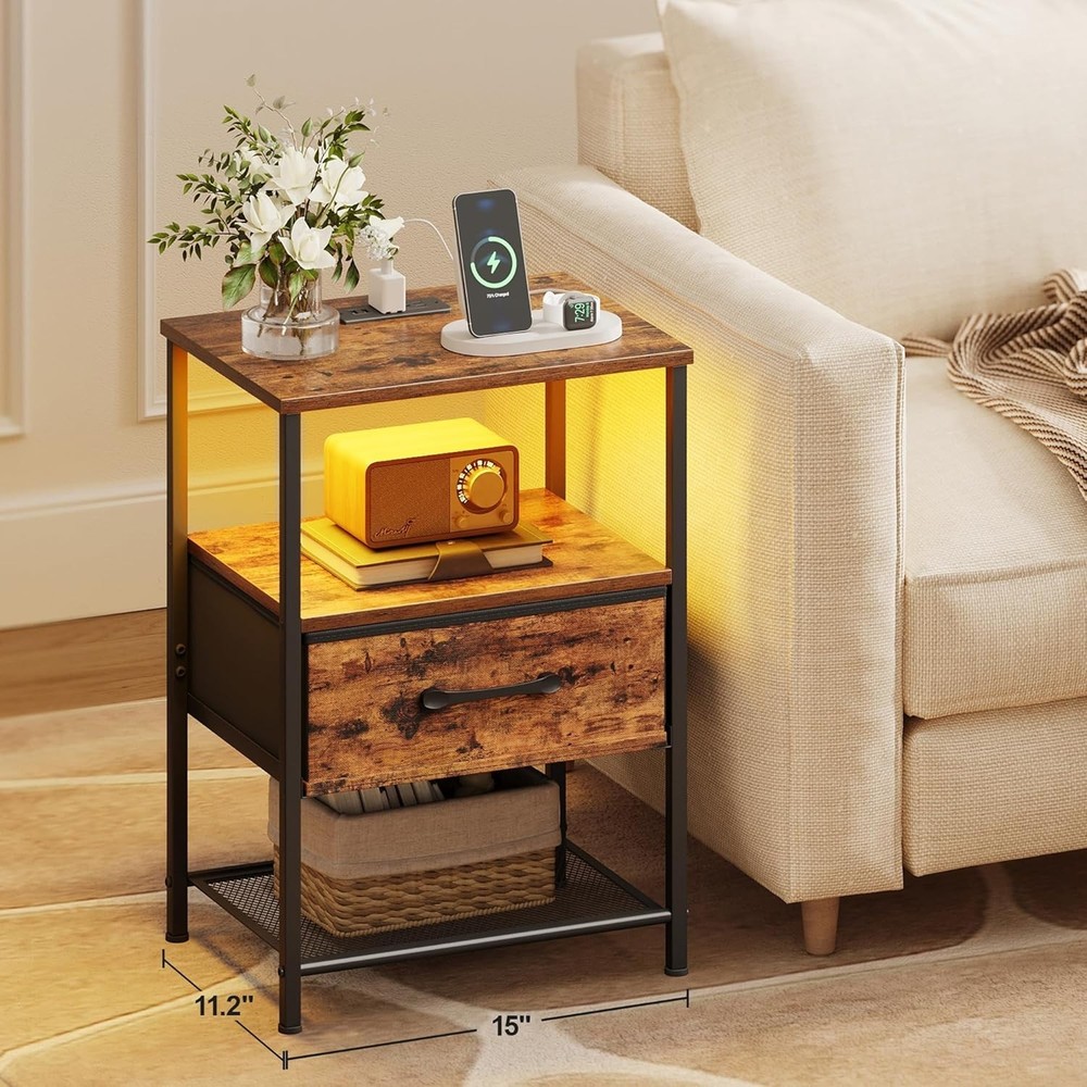 Night Stand Set 2, End Table with Charging Station, LED Bedside Table with Fa...