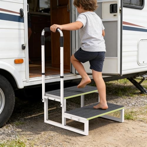 RV Step Stool with Handrail, 2 Step Stool with 1 2 Steps with 1 Handrail