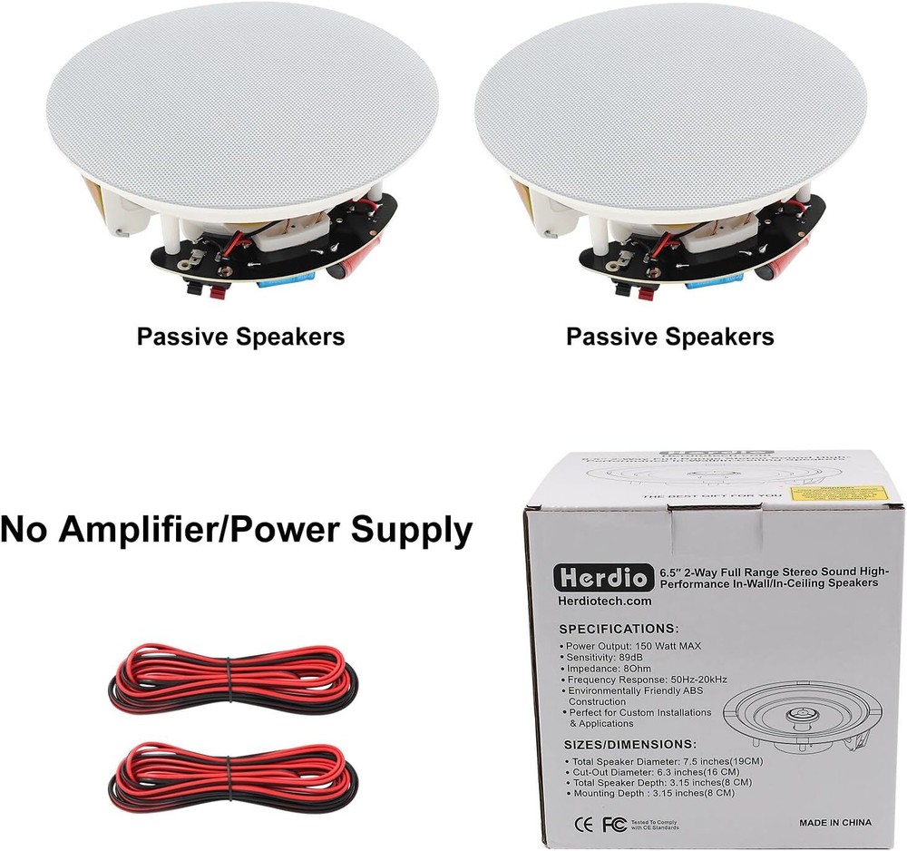 Herdio 6.5” 2-Way Flush Mount in-Ceiling Speakers Passive Wired Kitchen Speaker