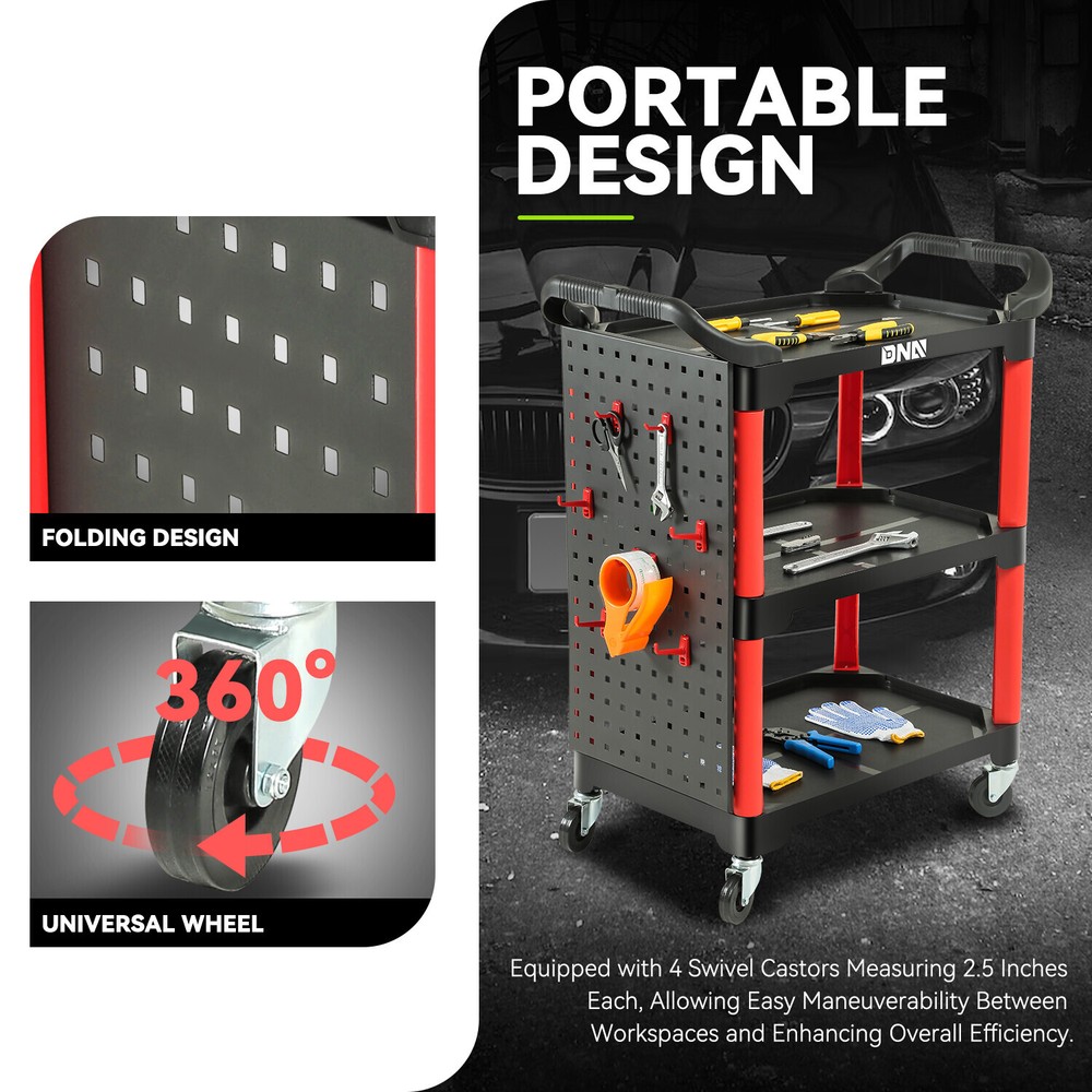 3-Level 260 LBS w/ Hanging Board Mobile Casters Composite Workshop Tool Trolley