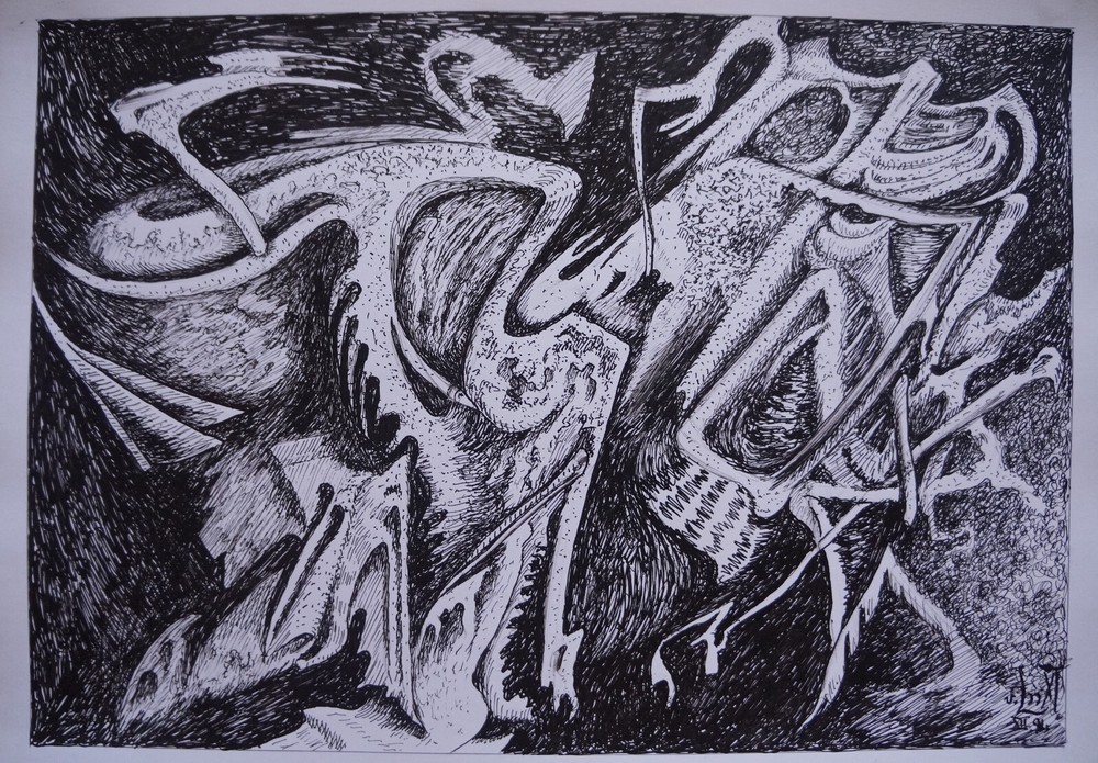 Ink Drawing Surrealist Composition Signed GUSTAV VON DER LOO (k)