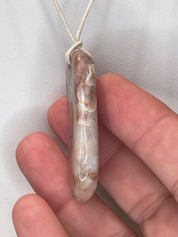 Handmade Natural Long Stone Necklace - Pink and White Ruby Quartz