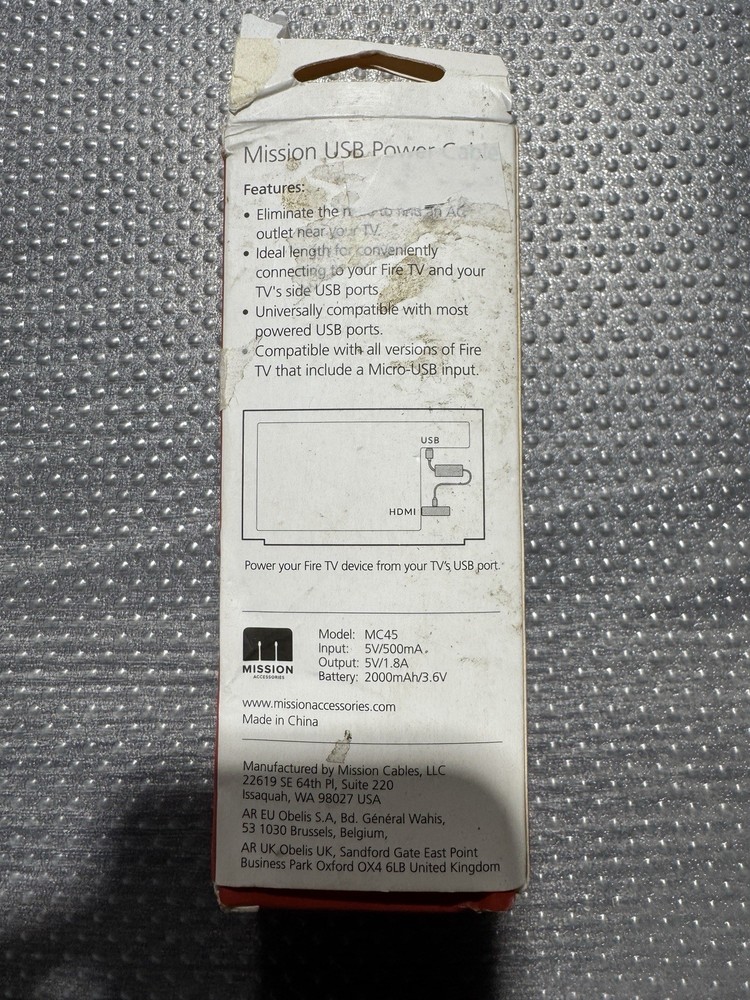 Mission Cables MC45 USB Power Cable for Amazon Fire TV