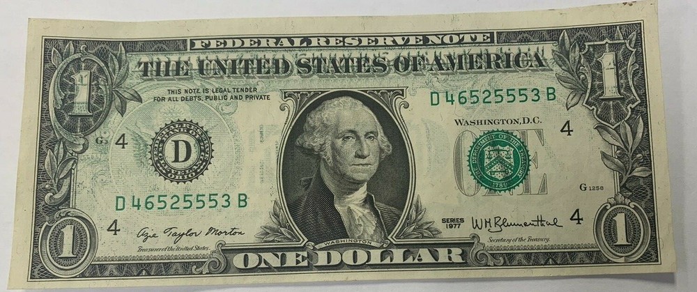 1977 $1 Wet Ink Transfer Offset Major Error One Dollar Uncirculated Note