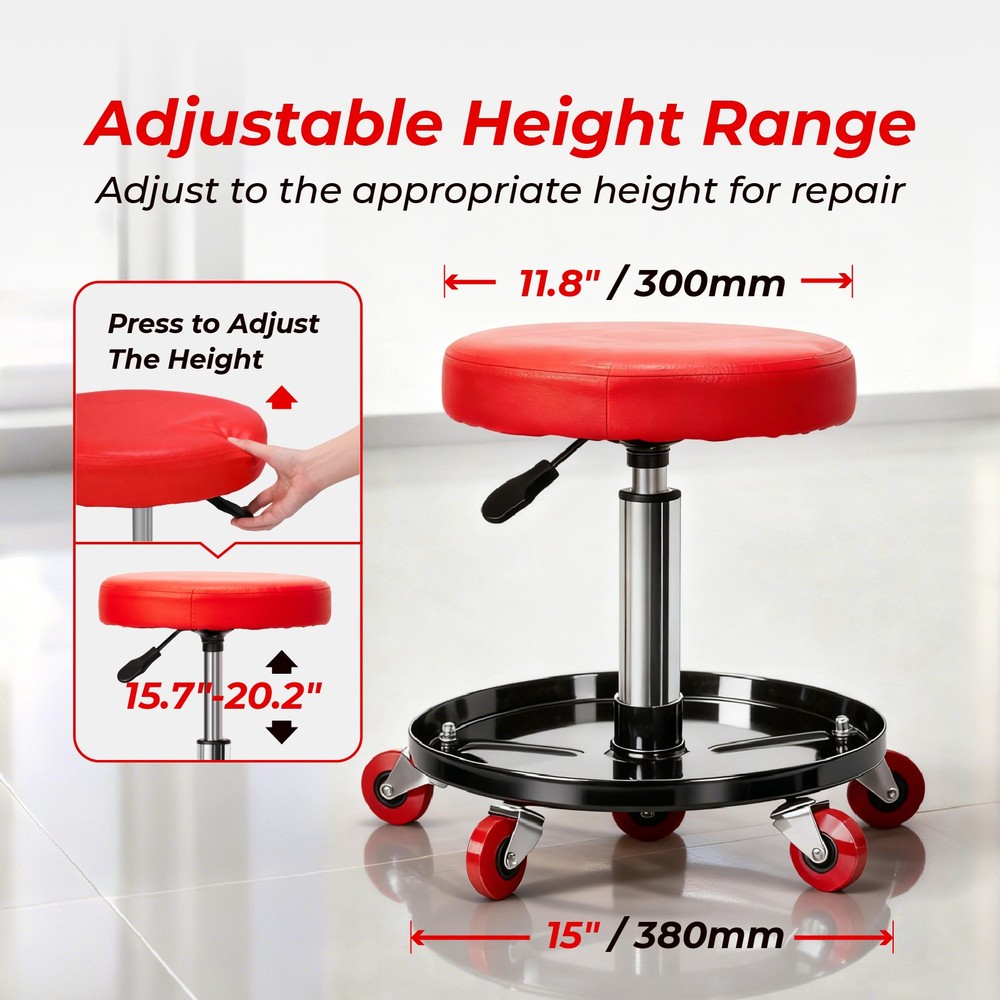 Rolling Garage Stool Adjustable Mechanic Work Shop Seat with Tool Tray Storage